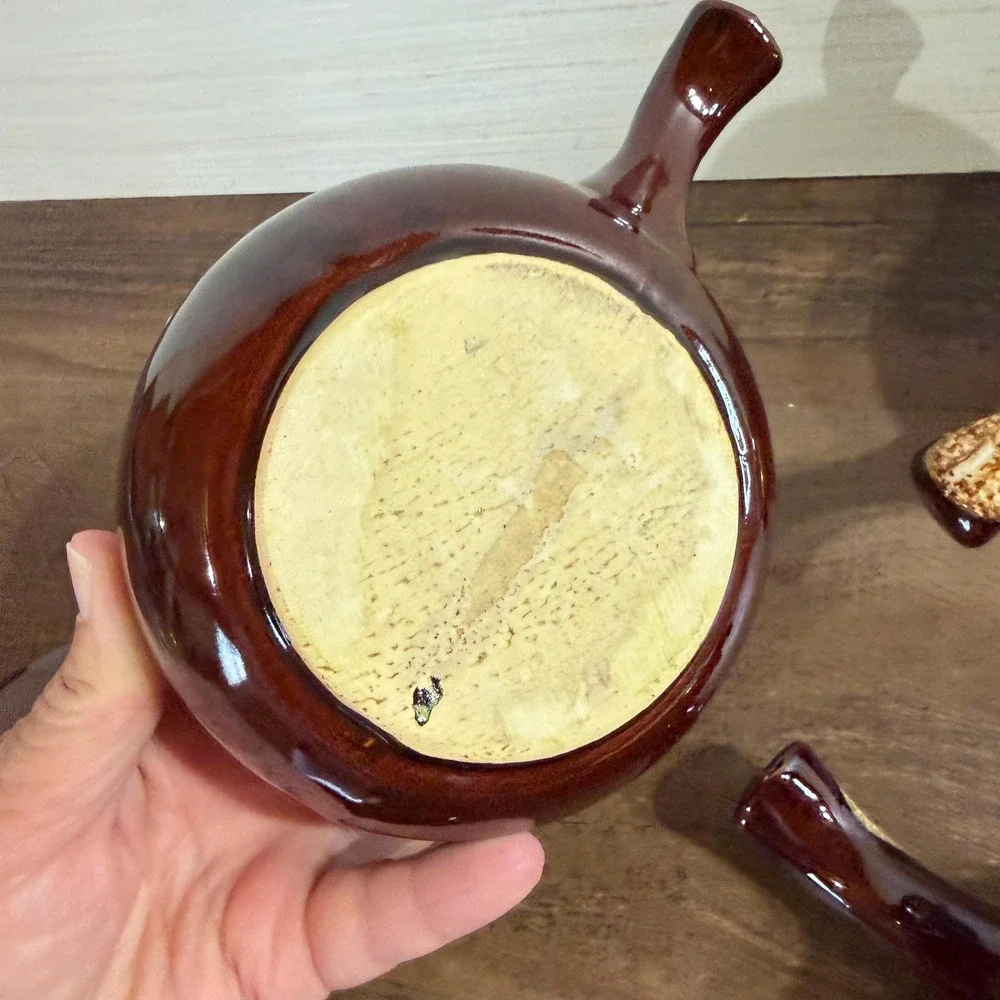 Set of 3 Vintage 70s Brown Drip Glaze French Onion Soup Crocks with Lids